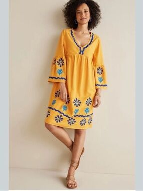 NEW Soft Surroundings Petra Embroidered Golden Glow Yellow Mini Dress medium
